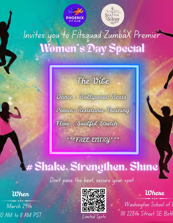 FitSquad ZumbaX Women's Day Special flyer — March 29th, Washington School of Dance