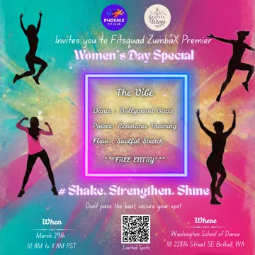 FitSquad ZumbaX Women's Day Special flyer — March 29th, 10-11 AM, Washington School of Dance
