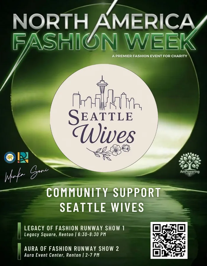 North America Fashion Week charity fashion event poster, Community Support: Seattle Wives, Legacy of Fashion Runway Show and Aura of Fashion Runway Show, Renton WA