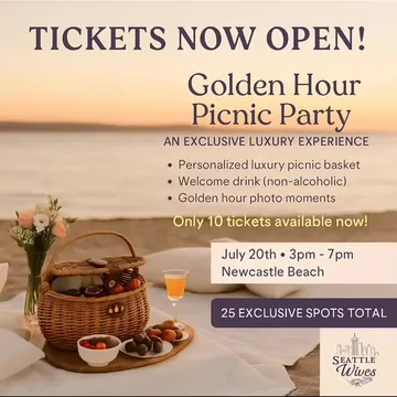 Golden Hour Picnic Party flyer, July 20 2025, Newcastle Beach
